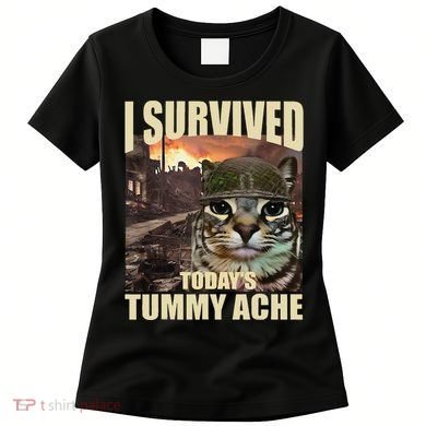 I Survived TodayS Tummy Ache Groovy Funny Cat Women's T-Shirt
