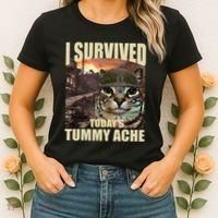 I Survived TodayS Tummy Ache Groovy Funny Cat Women's T-Shirt thumb 2