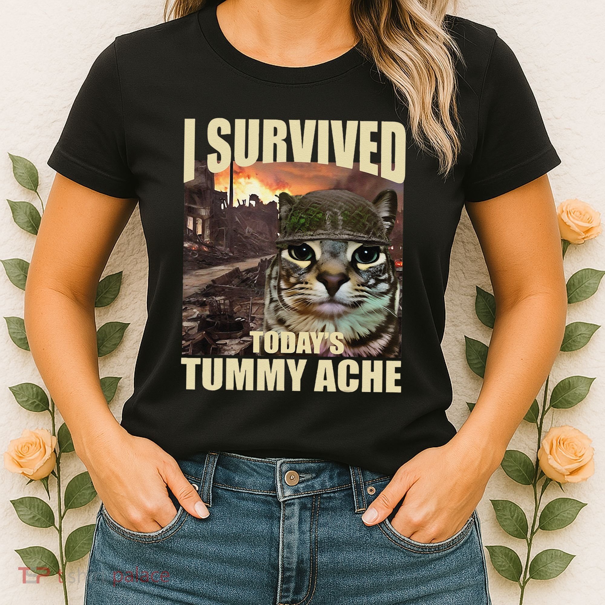 I Survived TodayS Tummy Ache Groovy Funny Cat Women's T-Shirt
