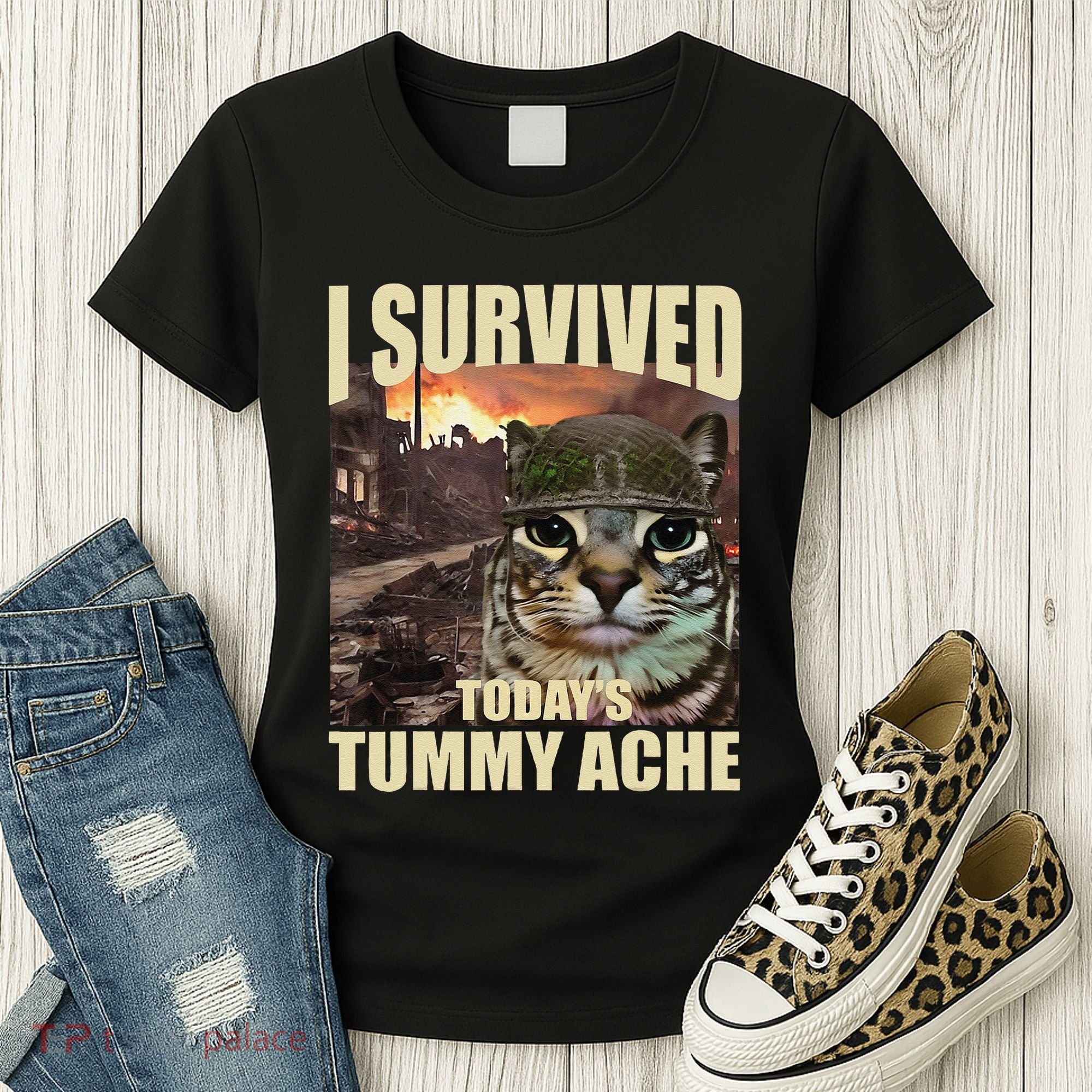 I Survived TodayS Tummy Ache Groovy Funny Cat Women's T-Shirt