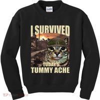 I Survived TodayS Tummy Ache Groovy Funny Cat Kids Sweatshirt thumb 0
