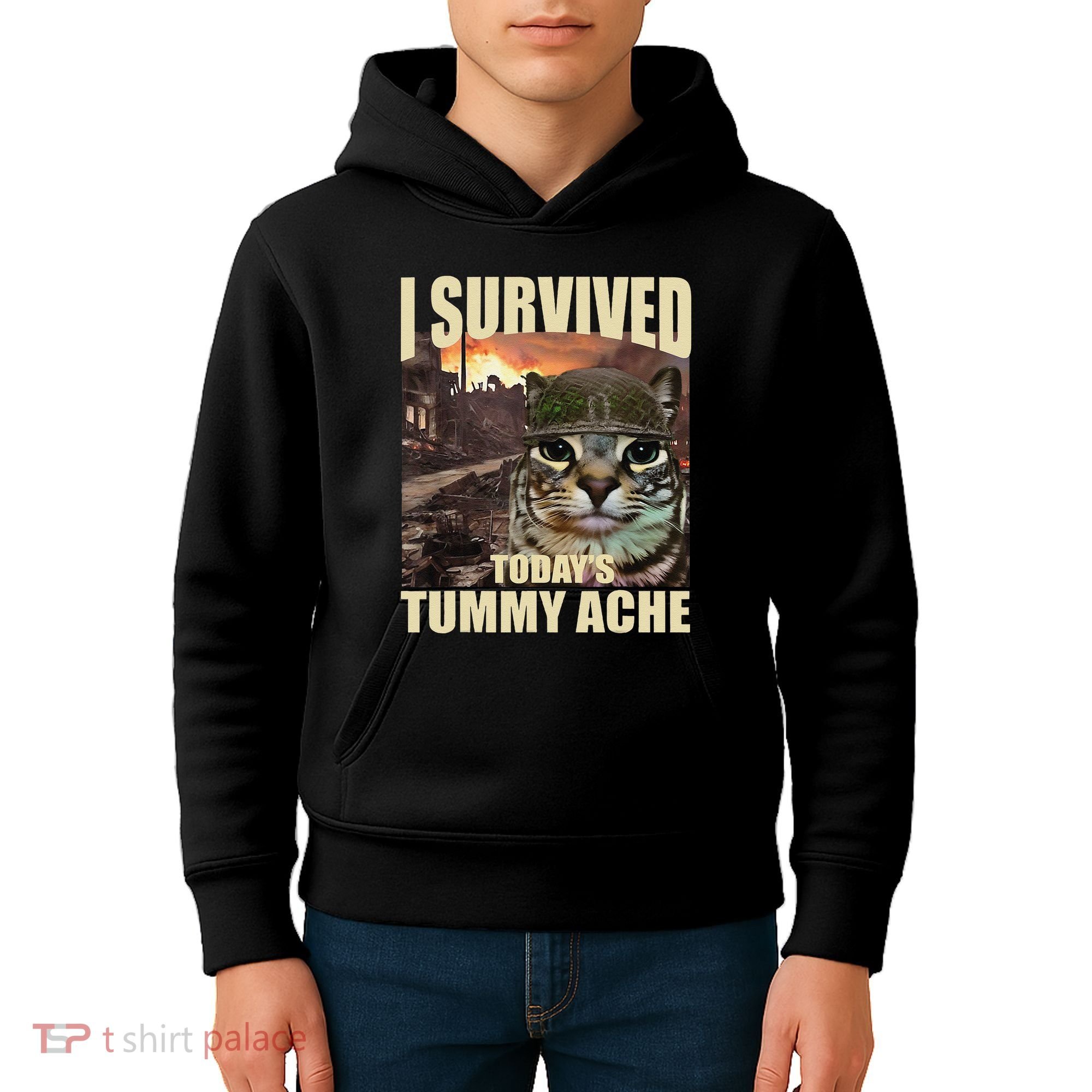I Survived TodayS Tummy Ache Groovy Funny Cat Kids Hoodie