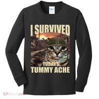I Survived TodayS Tummy Ache Groovy Funny Cat Kids Long Sleeve Shirt thumb 0