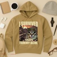 I Survived TodayS Tummy Ache Groovy Funny Cat Hoodie thumb 3