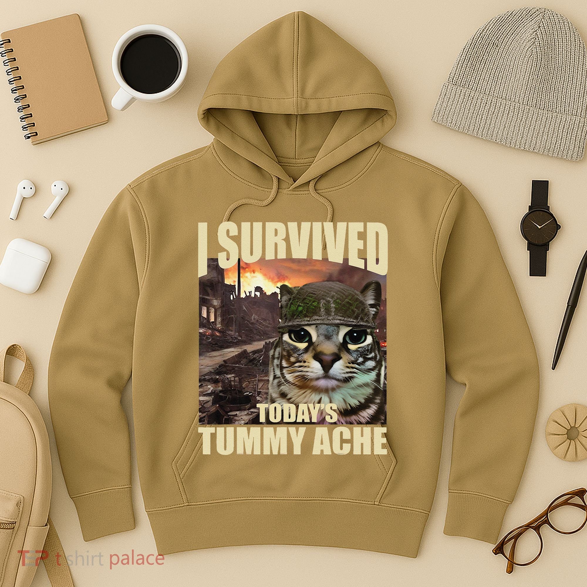 I Survived TodayS Tummy Ache Groovy Funny Cat Hoodie