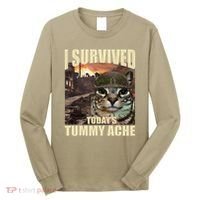 I Survived TodayS Tummy Ache Groovy Funny Cat Long Sleeve Shirt thumb 0