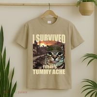 I Survived TodayS Tummy Ache Groovy Funny Cat T-Shirt thumb 2
