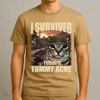 I Survived TodayS Tummy Ache Groovy Funny Cat T-Shirt thumb 3
