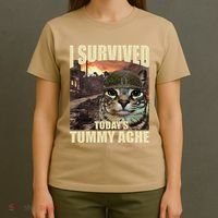 I Survived TodayS Tummy Ache Groovy Funny Cat T-Shirt thumb 4