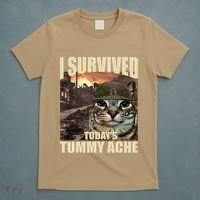 I Survived TodayS Tummy Ache Groovy Funny Cat T-Shirt thumb 5