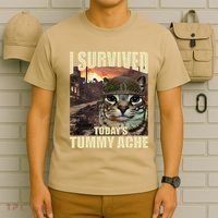 I Survived TodayS Tummy Ache Groovy Funny Cat T-Shirt thumb 6
