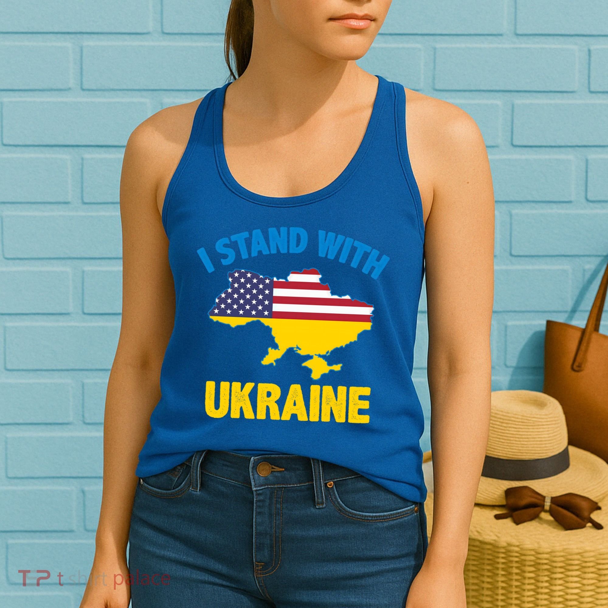 I Stand With Ukraine Map American Flag Us Support Ukrainian Gift Women's Tank Top