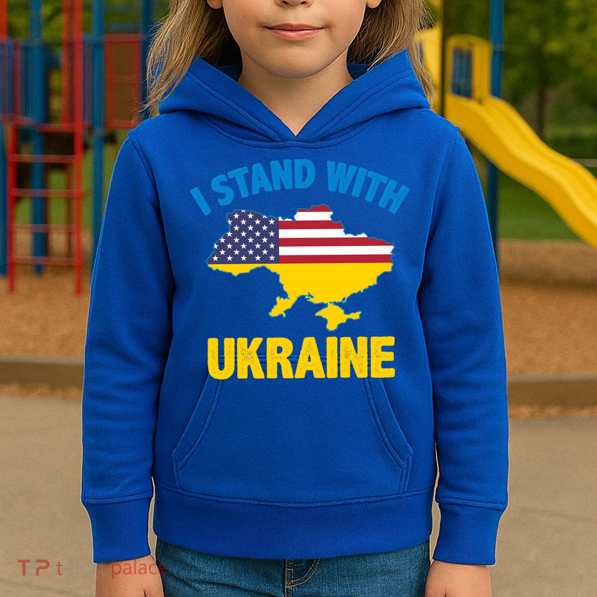 I Stand With Ukraine Map American Flag Us Support Ukrainian Gift Kids Hoodie