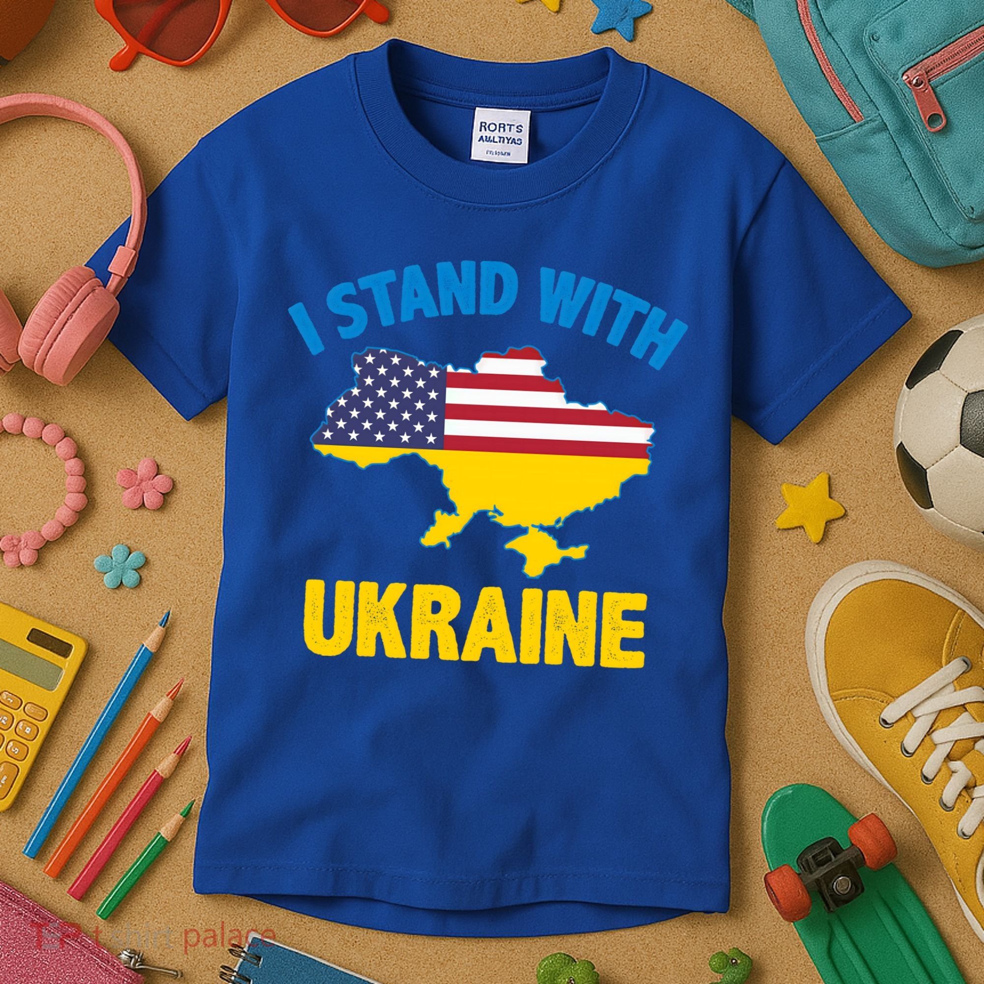 I Stand With Ukraine Map American Flag Us Support Ukrainian Gift Kids T-Shirt