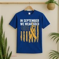 In September We Wear Gold Childhood Cancer Awareness Us Flag T-Shirt thumb 2