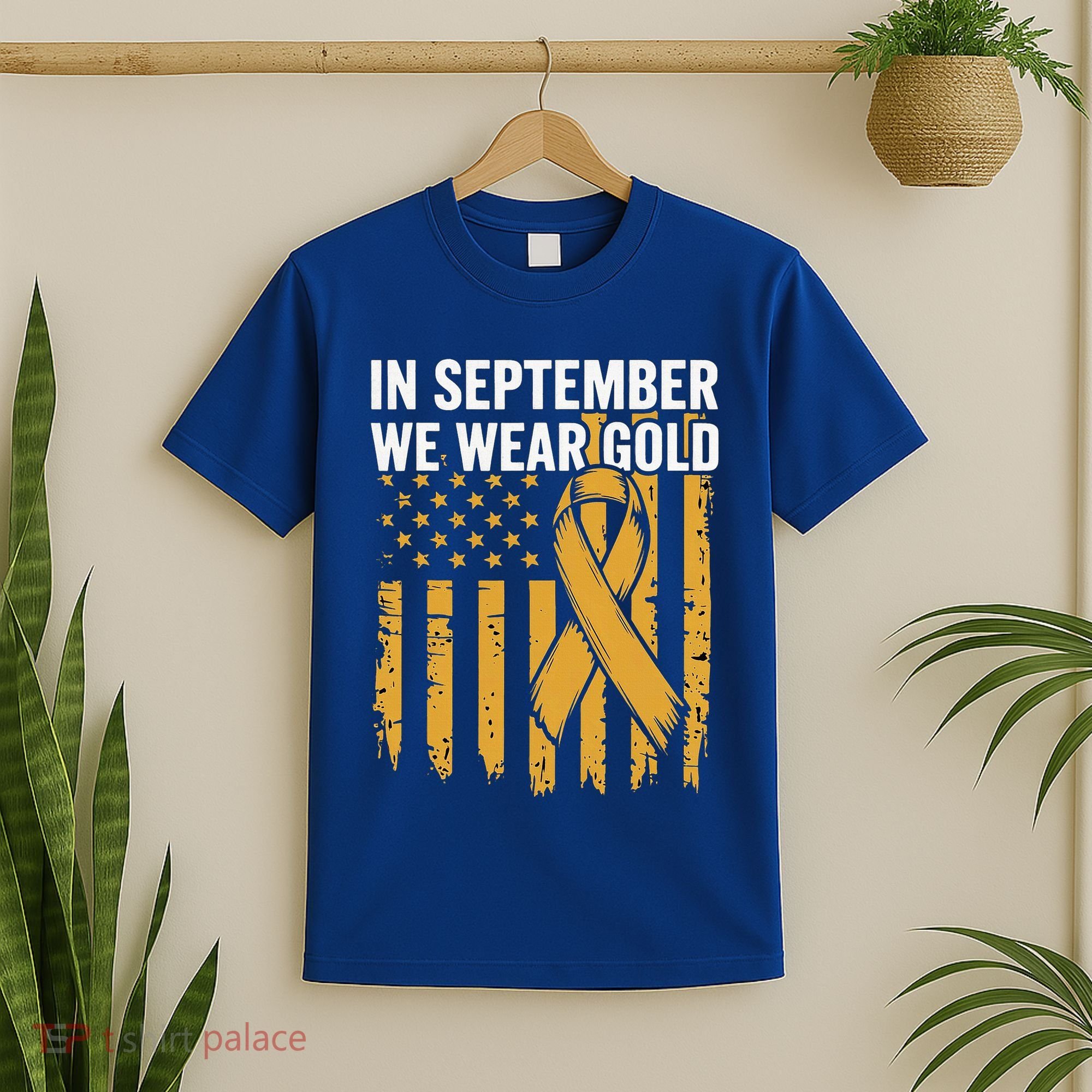 In September We Wear Gold Childhood Cancer Awareness Us Flag T-Shirt