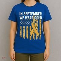 In September We Wear Gold Childhood Cancer Awareness Us Flag T-Shirt thumb 4