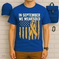 In September We Wear Gold Childhood Cancer Awareness Us Flag T-Shirt thumb 6