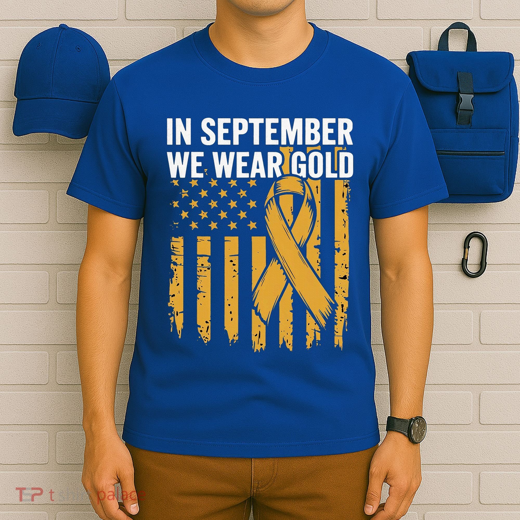 In September We Wear Gold Childhood Cancer Awareness Us Flag T-Shirt