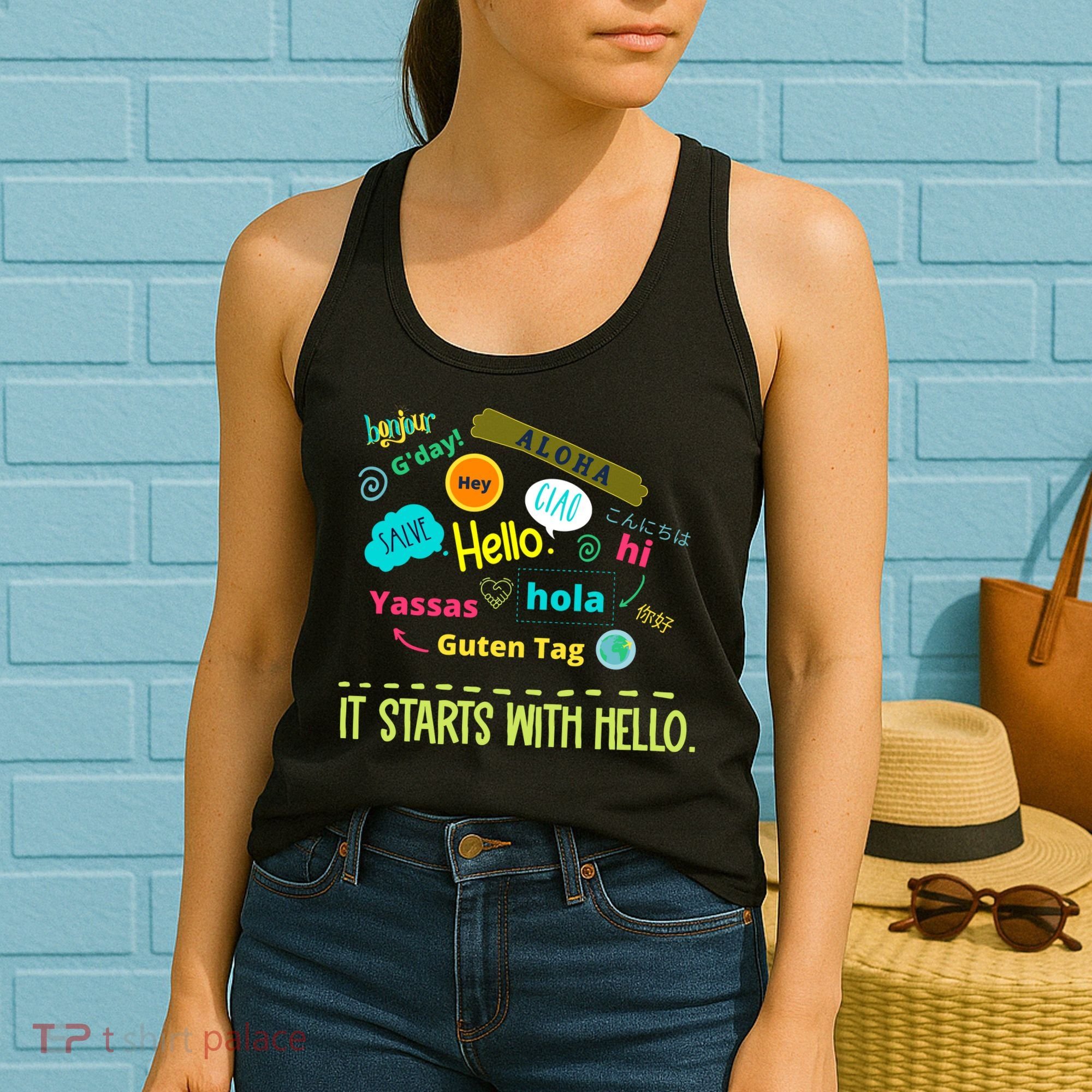 It Starts With Hello Friendship Unity Inclusion Teacher Gift Women's Tank Top