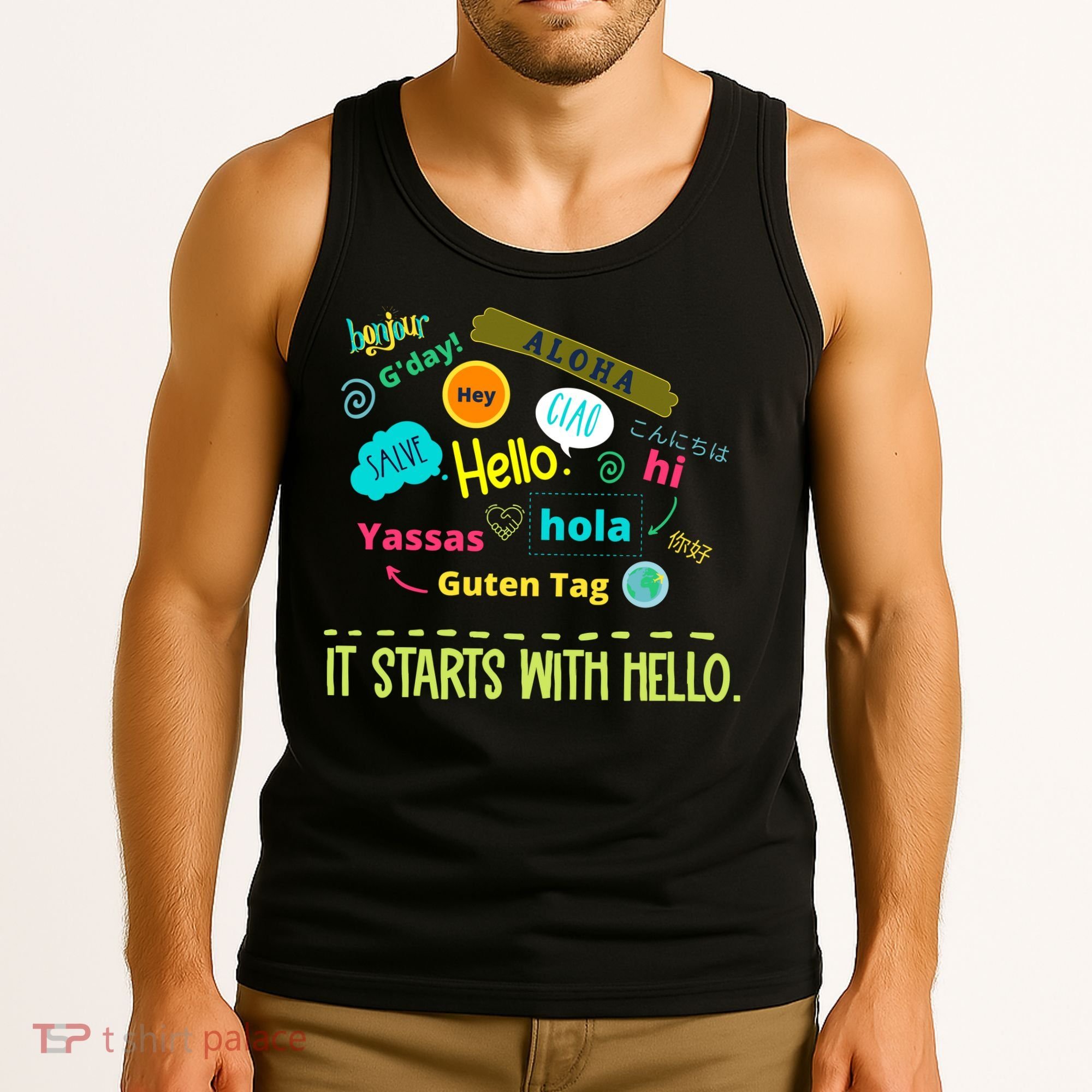 It Starts With Hello Friendship Unity Inclusion Teacher Gift Tank Top