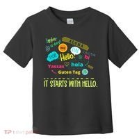 It Starts With Hello Friendship Unity Inclusion Teacher Gift Toddler T-Shirt thumb 0