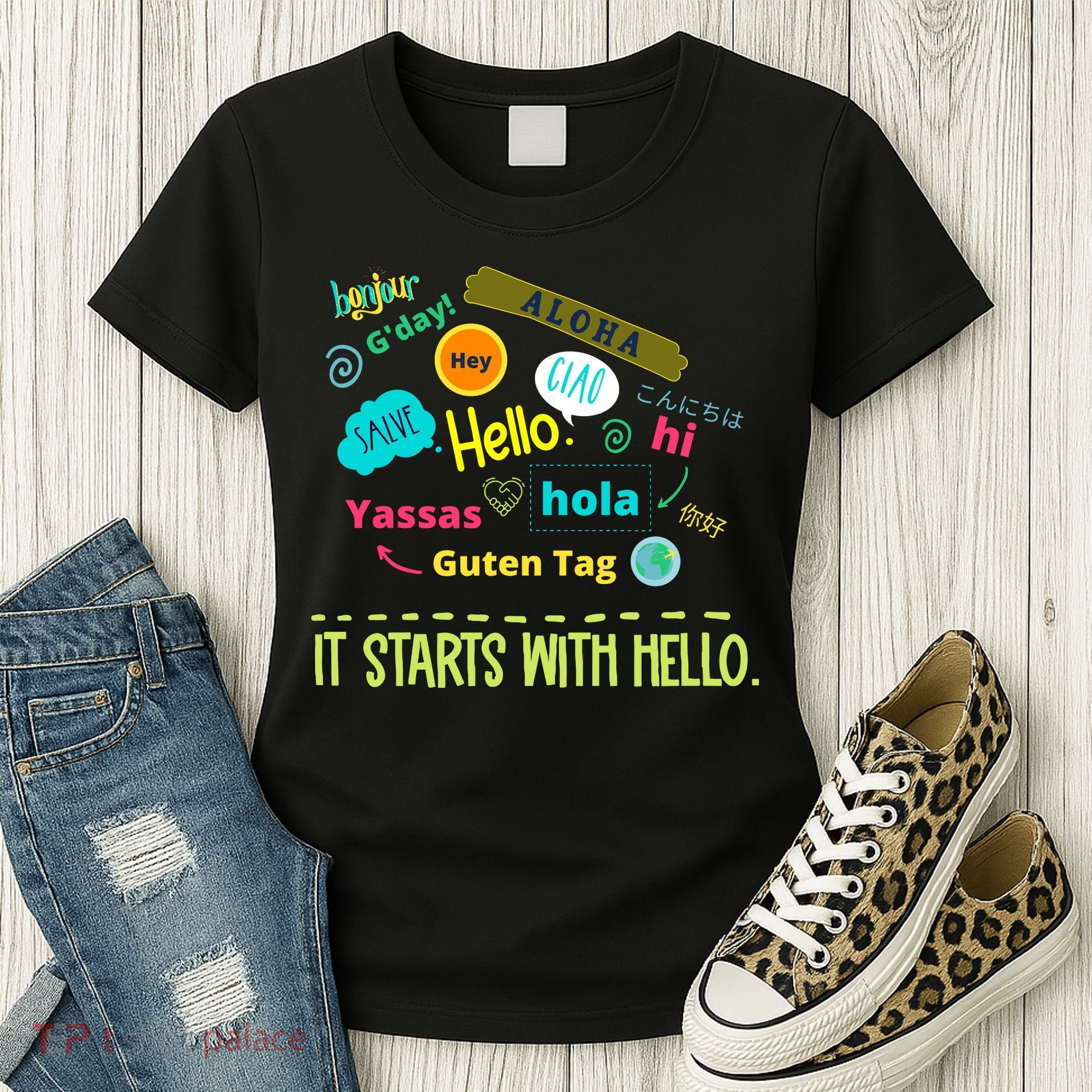 It Starts With Hello Friendship Unity Inclusion Teacher Gift Women's T-Shirt