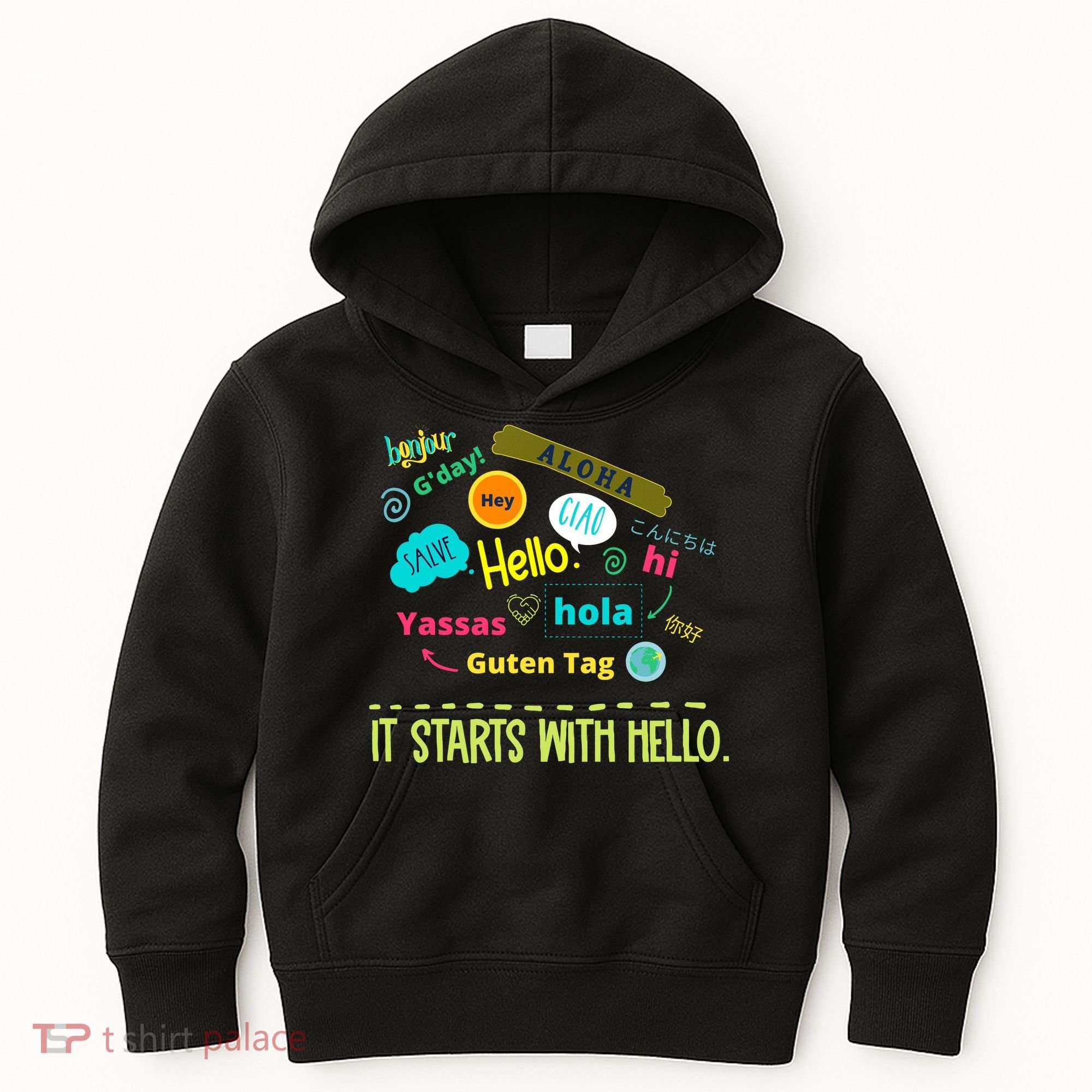 It Starts With Hello Friendship Unity Inclusion Teacher Gift Kids Hoodie