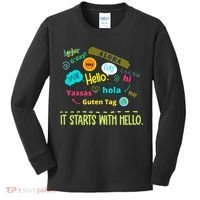 It Starts With Hello Friendship Unity Inclusion Teacher Gift Kids Long Sleeve Shirt thumb 0