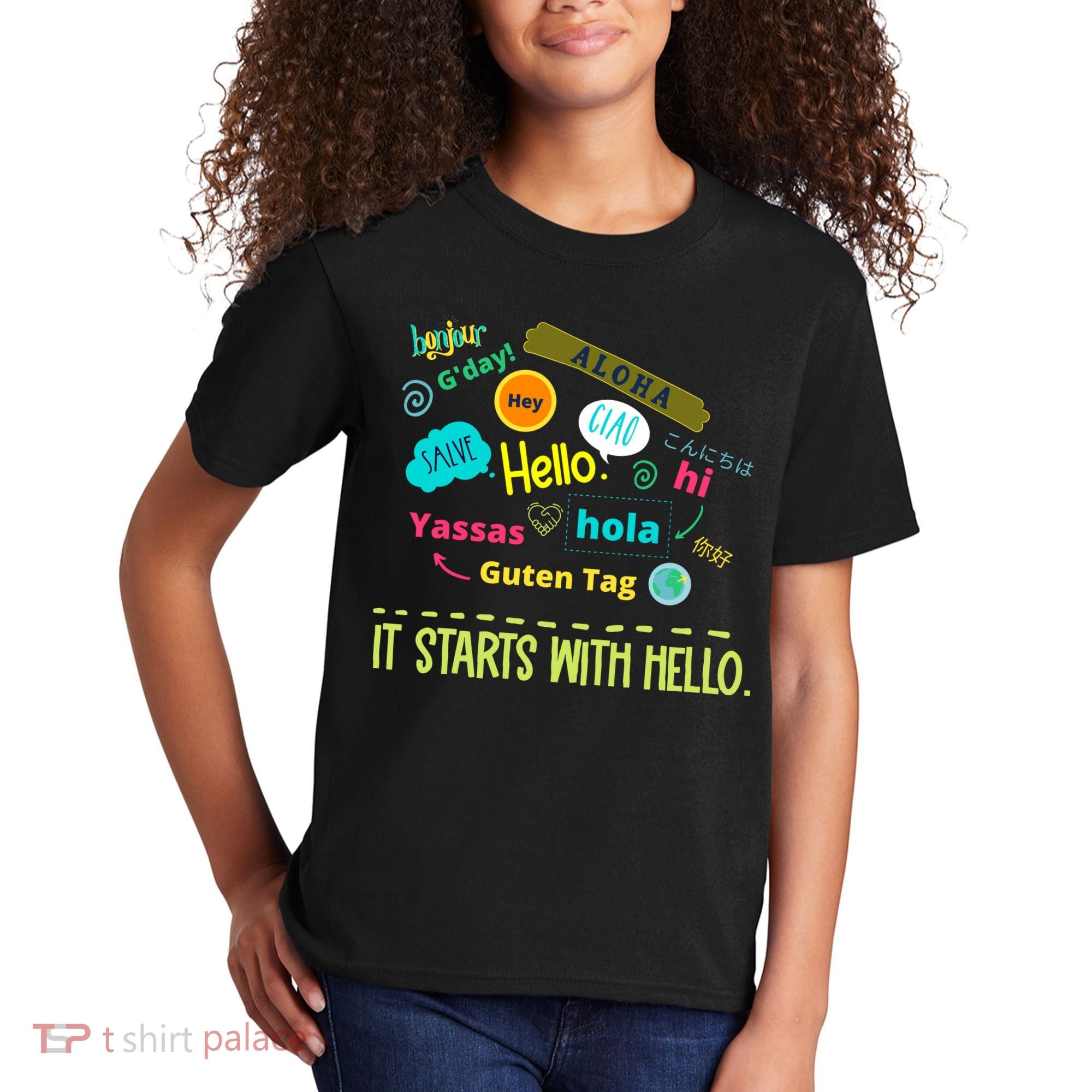 It Starts With Hello Friendship Unity Inclusion Teacher Gift Kids T-Shirt