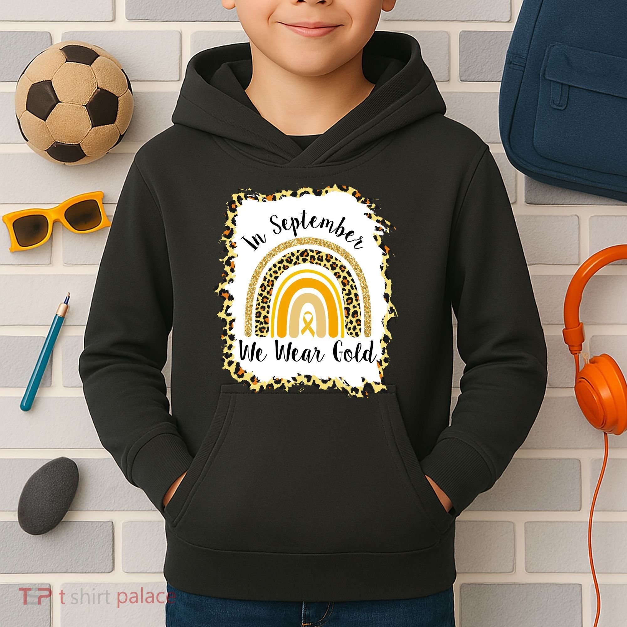 In September We Wear Gold Leopard Rainbow Kids Hoodie
