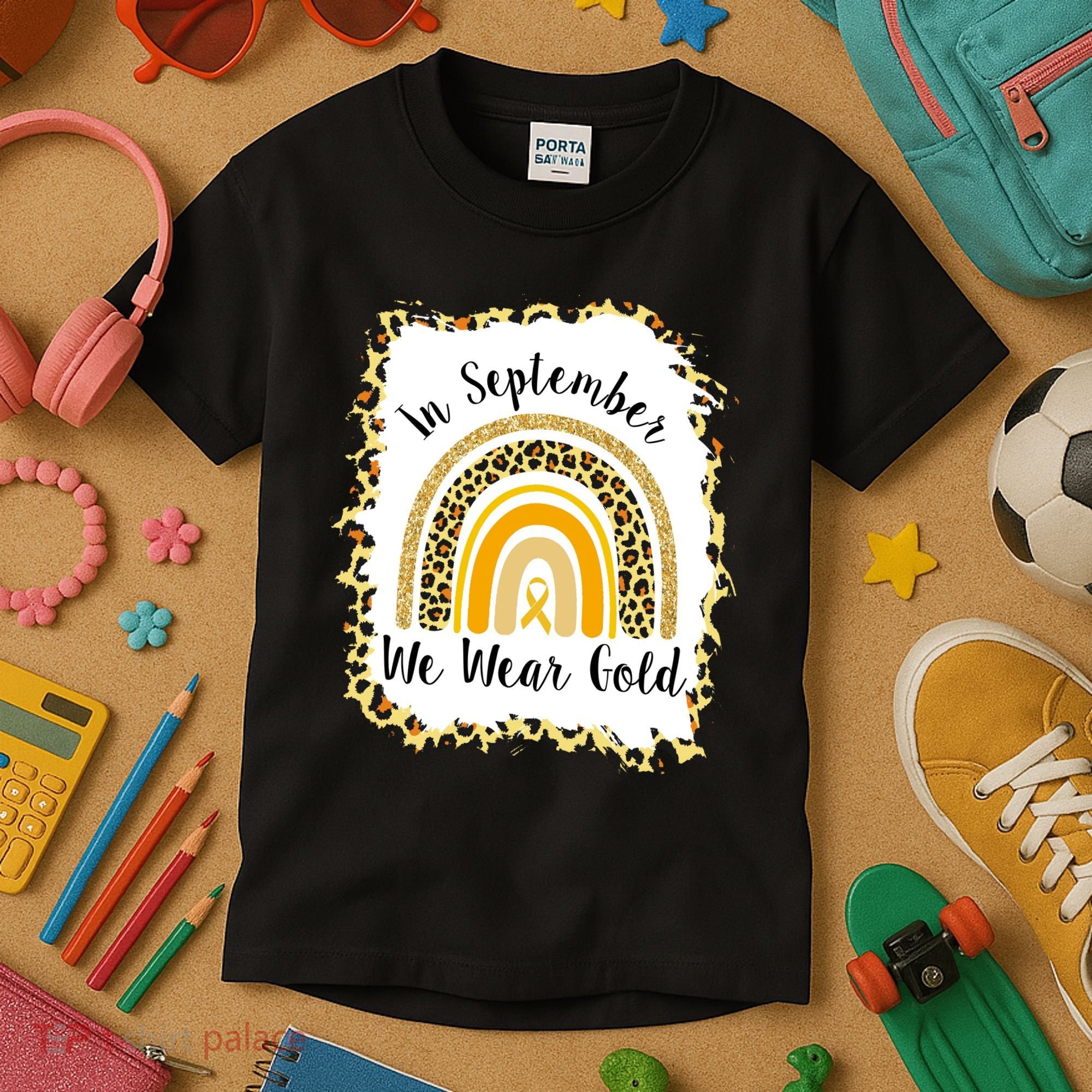 In September We Wear Gold Leopard Rainbow Kids T-Shirt