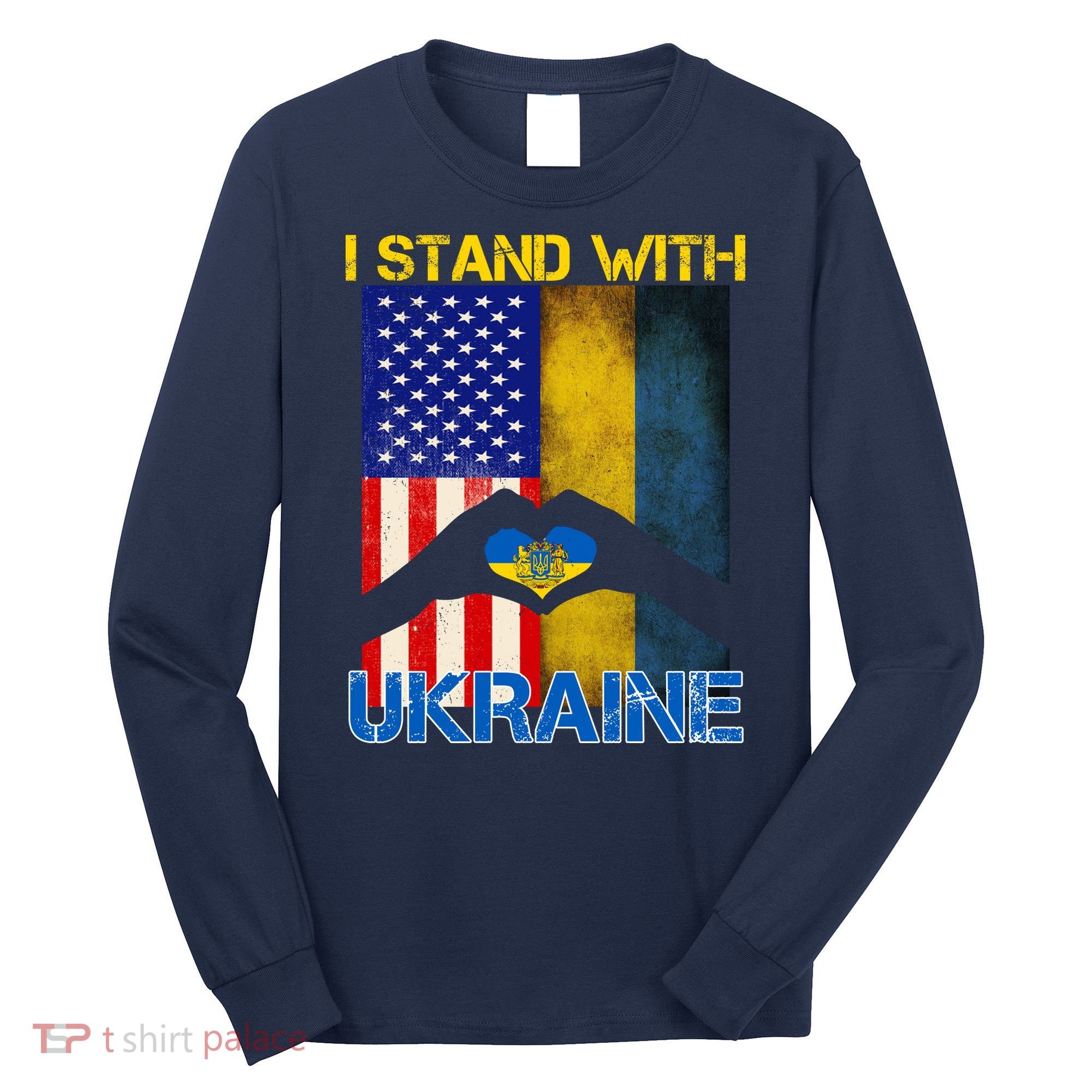 I Stand With Ukraine Heart USA Flag Long Sleeve Shirt