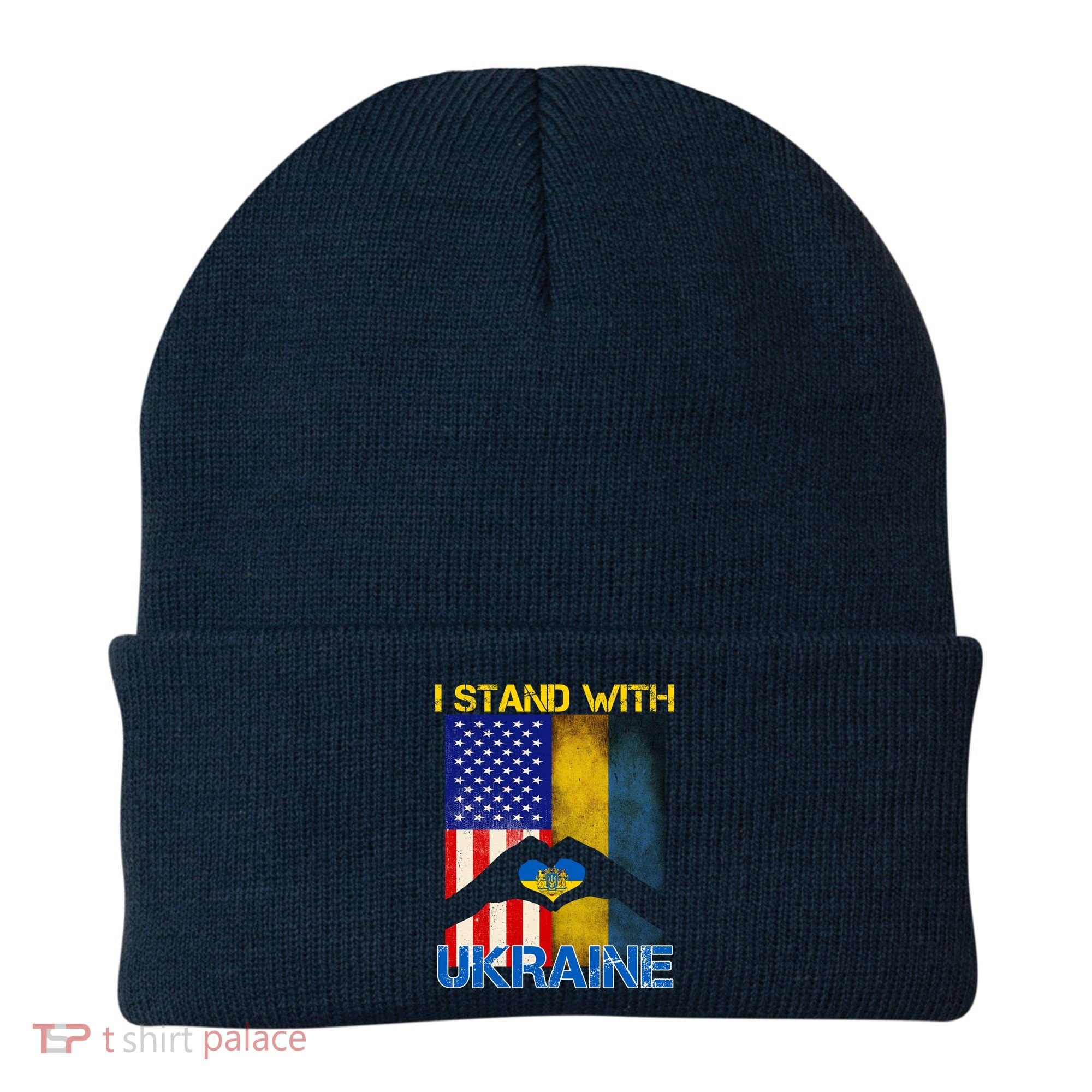 I Stand With Ukraine Heart USA Flag Beanie