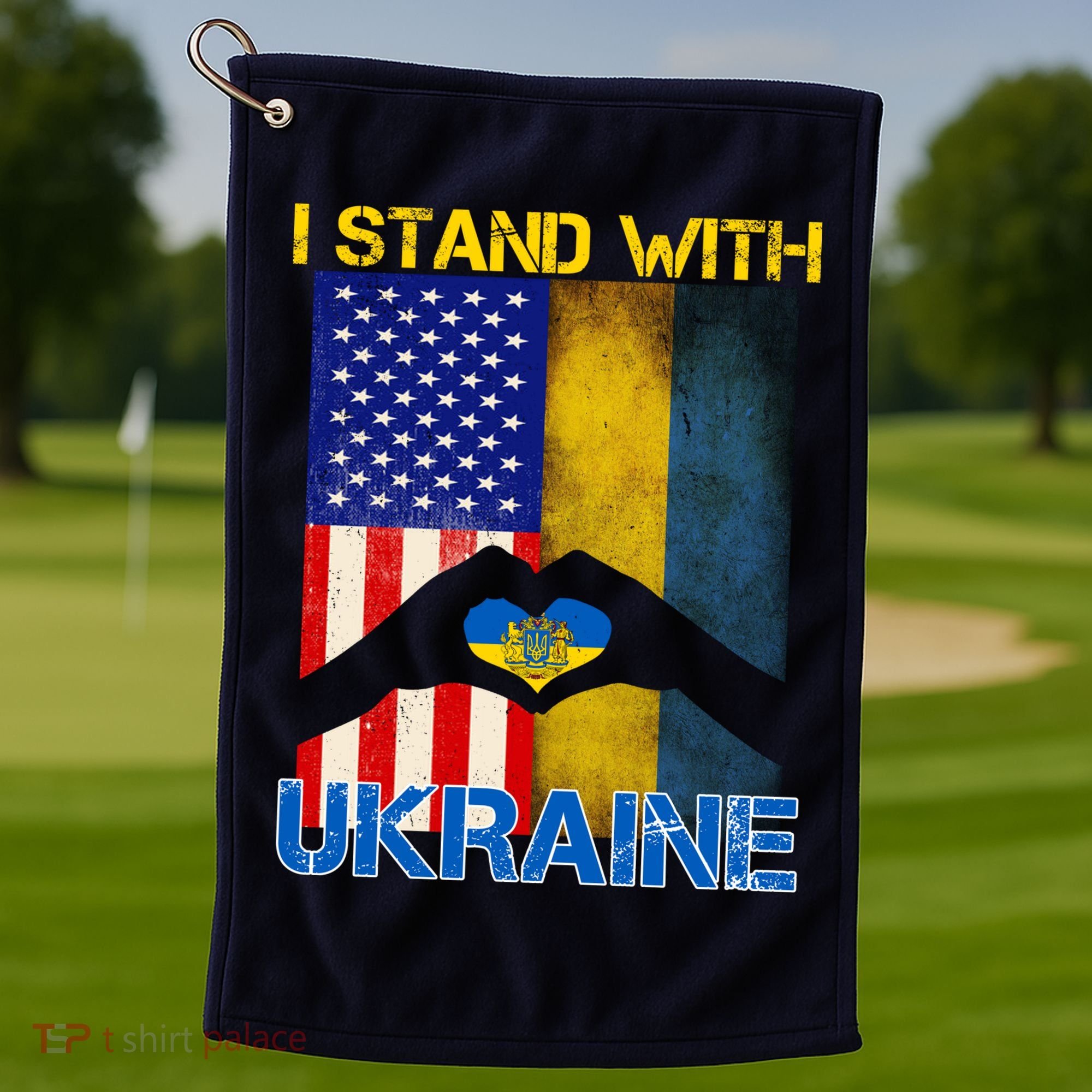 I Stand With Ukraine Heart USA Flag Golf Towel