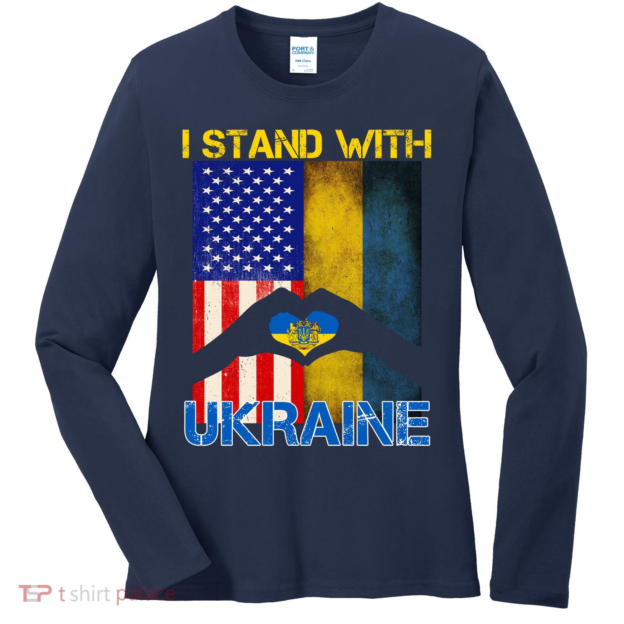 I Stand With Ukraine Heart USA Flag Women's Long Sleeve Shirt