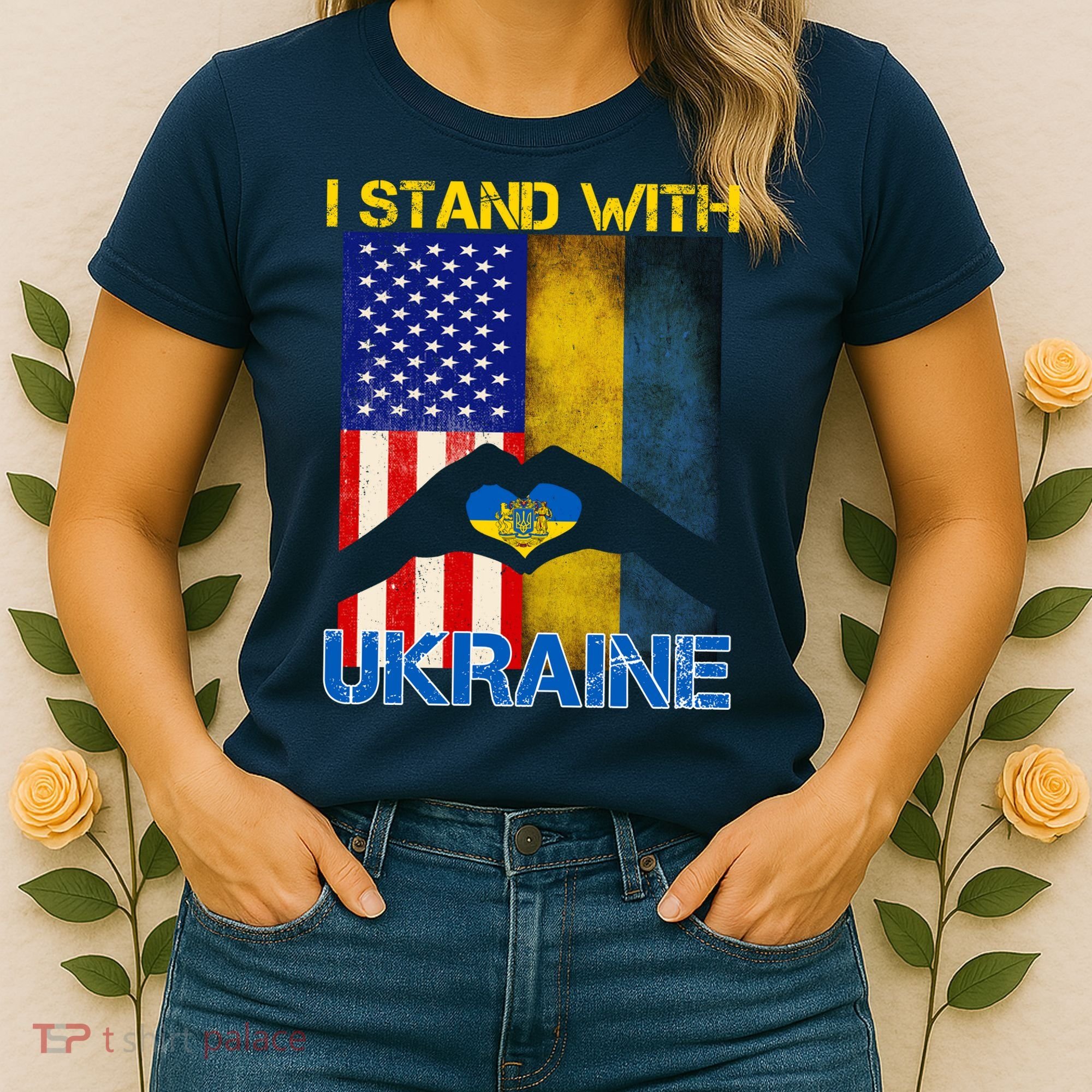 I Stand With Ukraine Heart USA Flag Women's T-Shirt