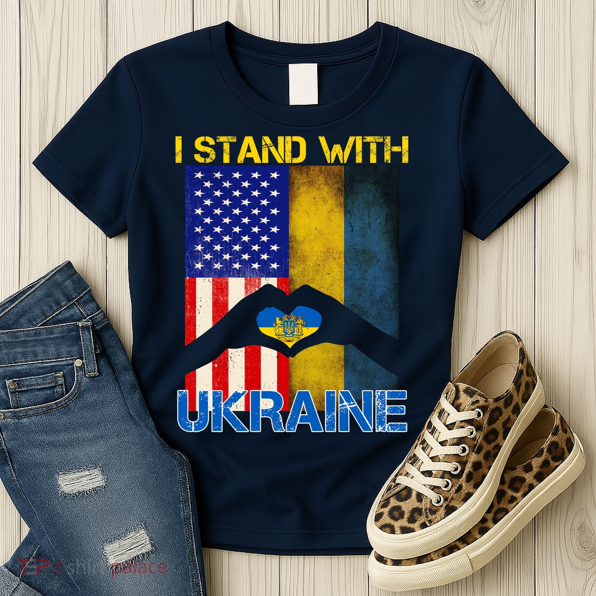 I Stand With Ukraine Heart USA Flag Women's T-Shirt