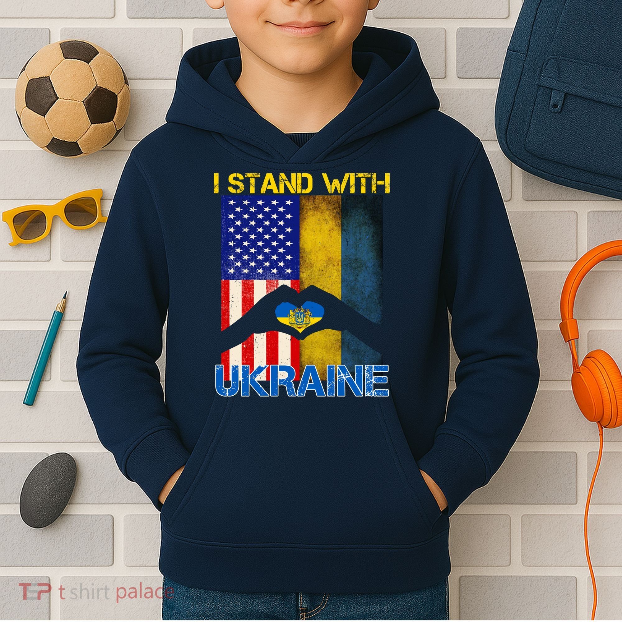 I Stand With Ukraine Heart USA Flag Kids Hoodie