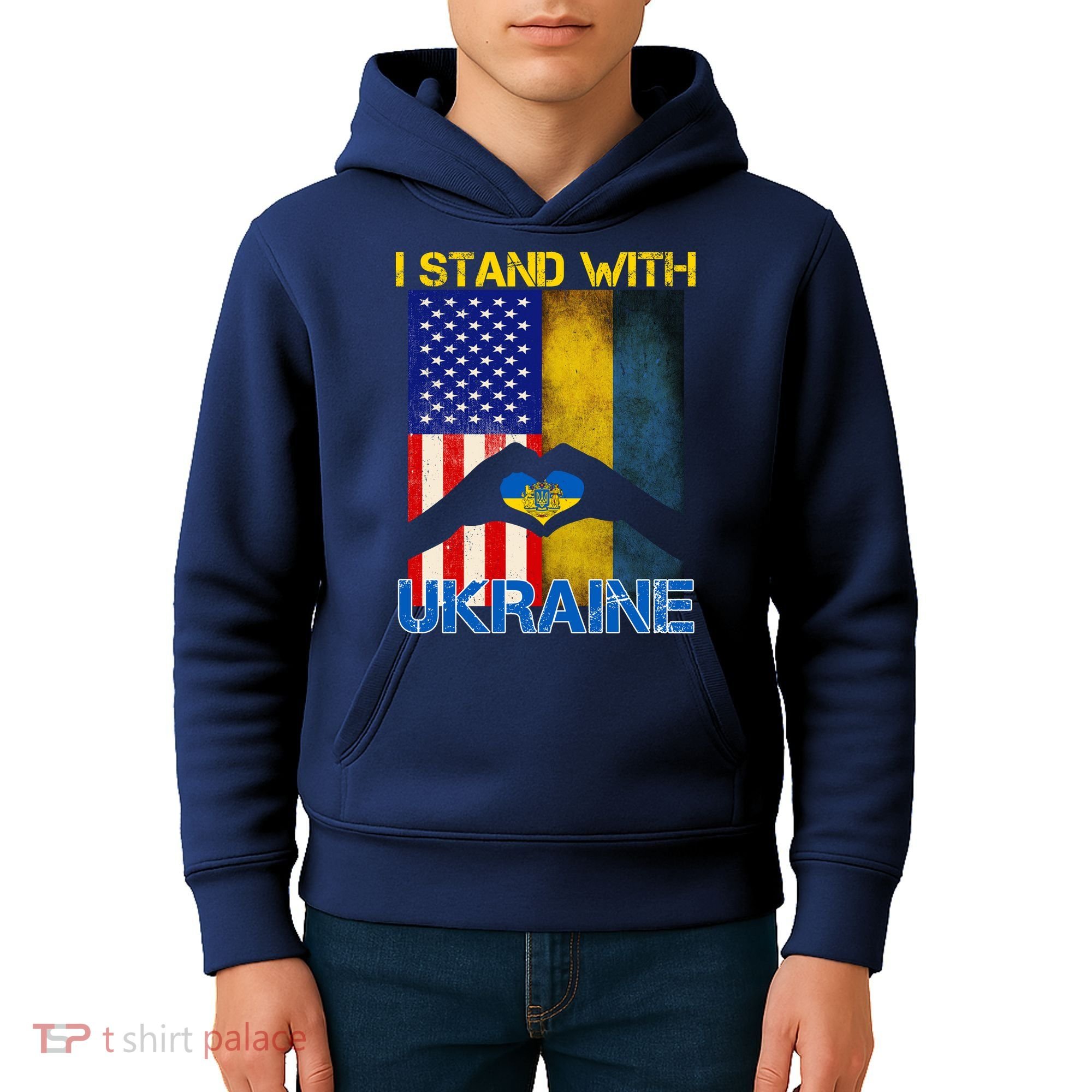 I Stand With Ukraine Heart USA Flag Kids Hoodie