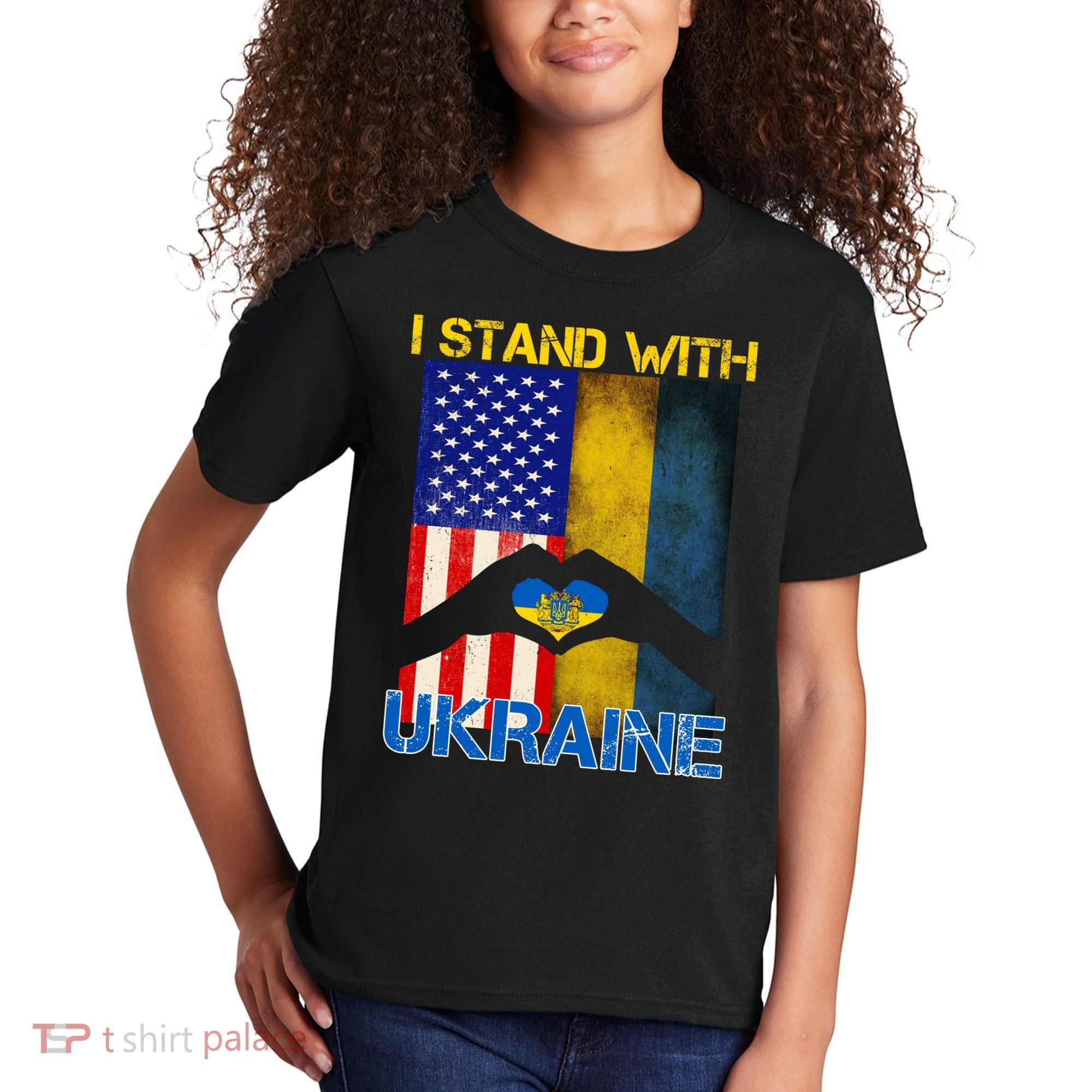 I Stand With Ukraine Heart USA Flag Kids T-Shirt