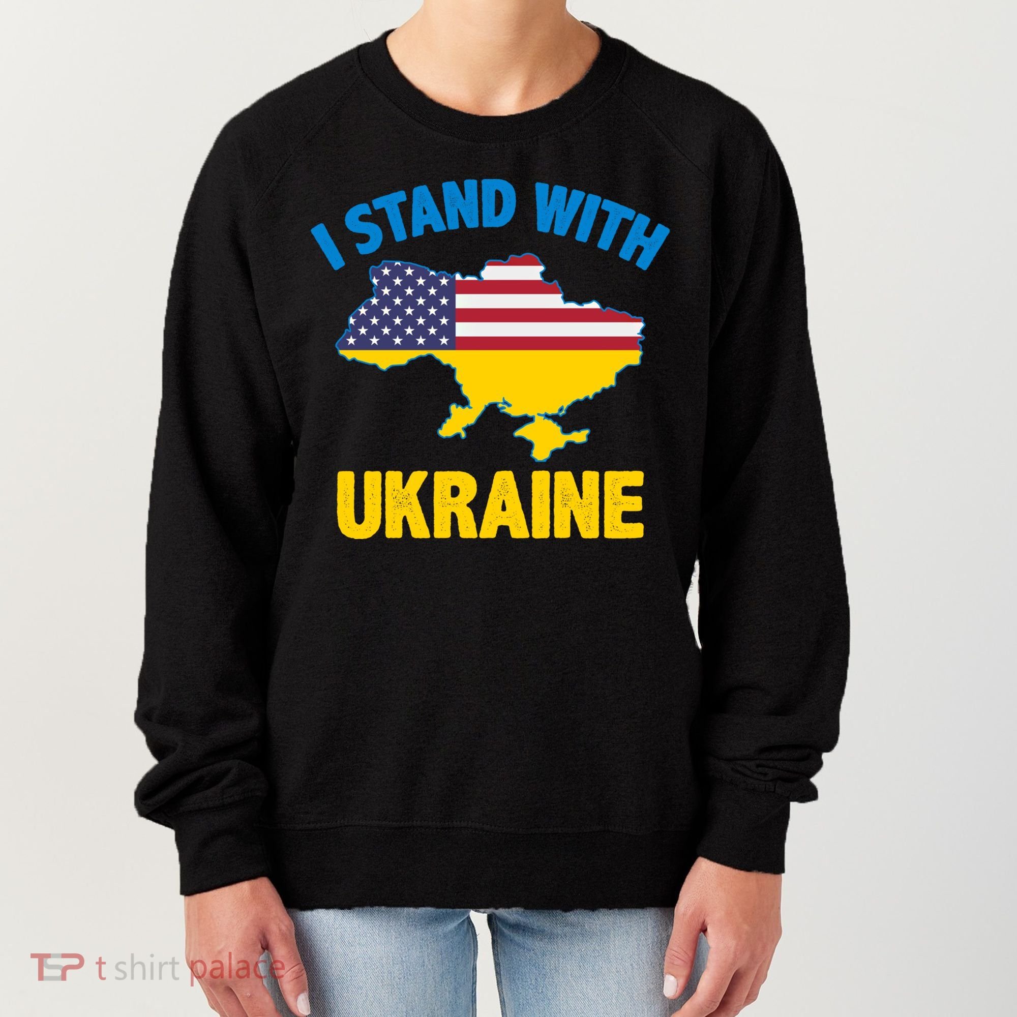 I Stand With Ukraine Map American Flag Us Support Ukrainian Gift Women's Sweatshirt