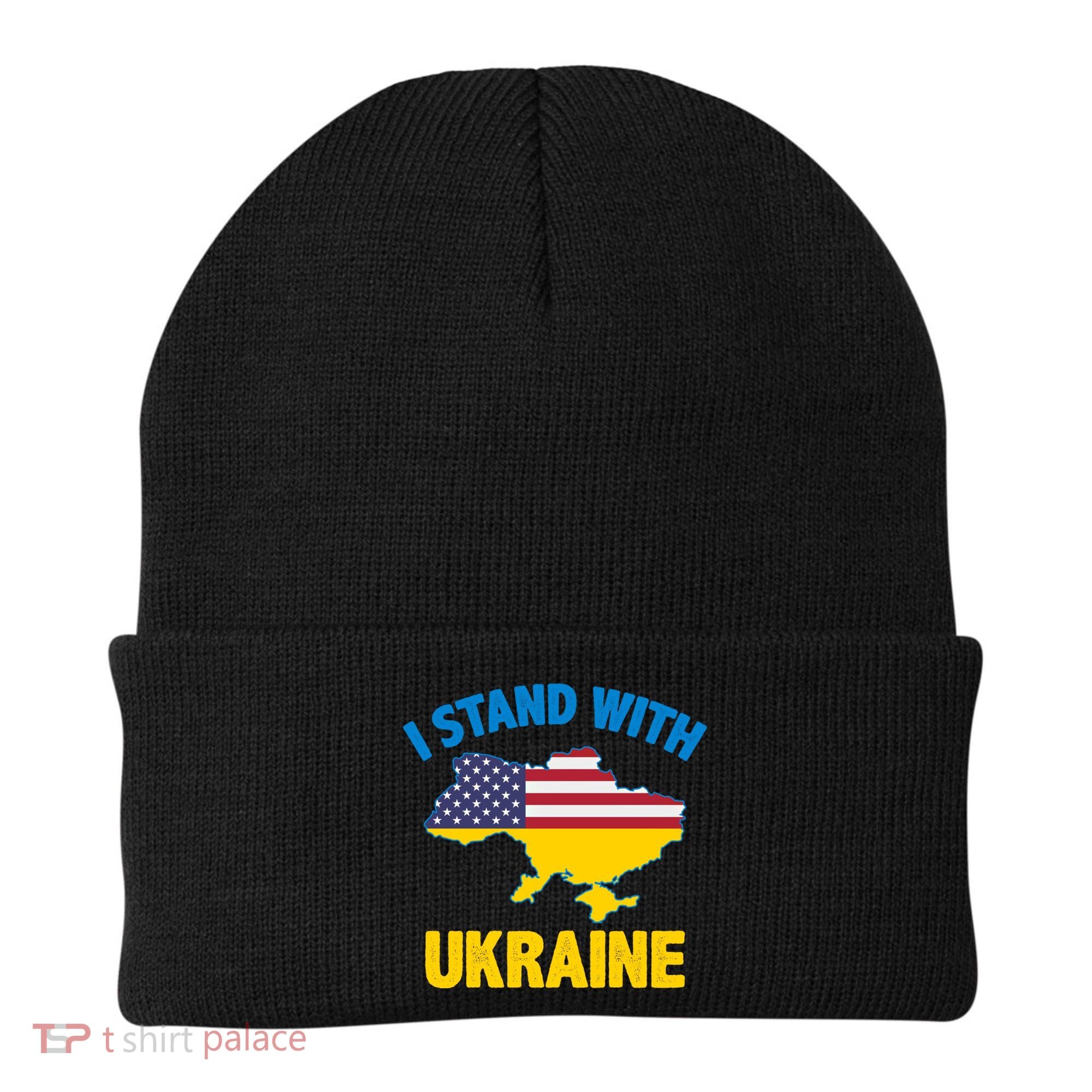 I Stand With Ukraine Map American Flag Us Support Ukrainian Gift Beanie