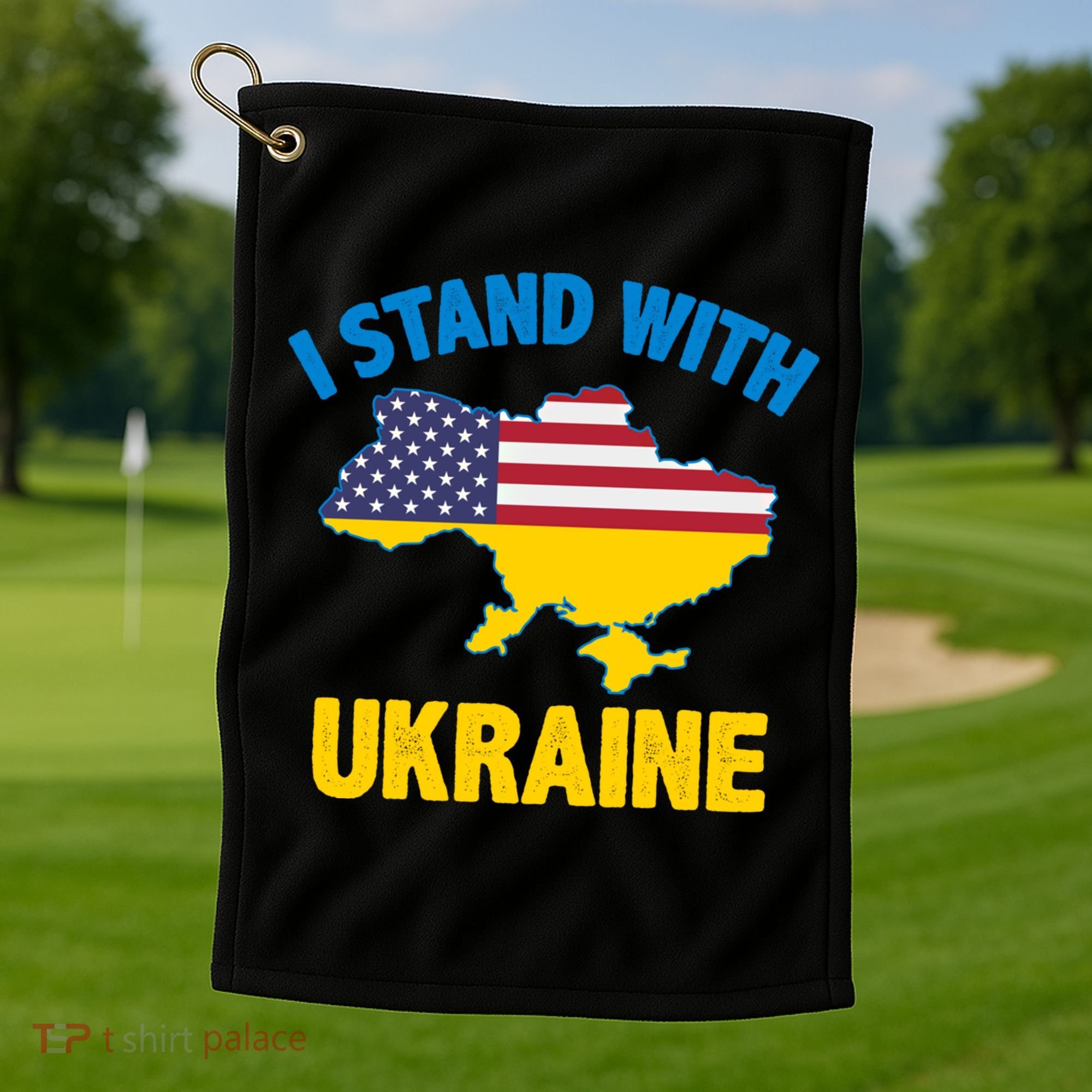 I Stand With Ukraine Map American Flag Us Support Ukrainian Gift Golf Towel
