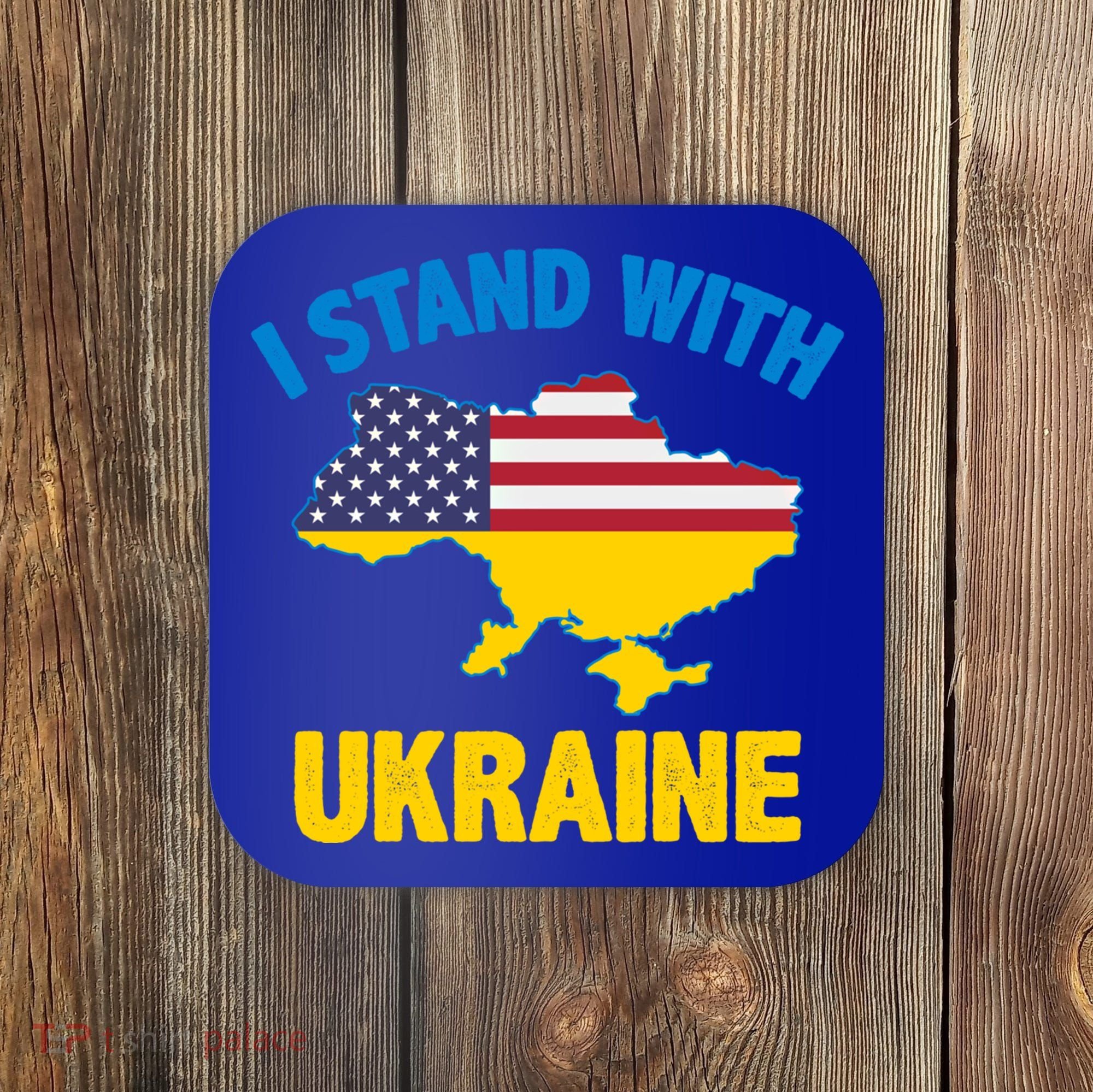 I Stand With Ukraine Map American Flag Us Support Ukrainian Gift Coaster