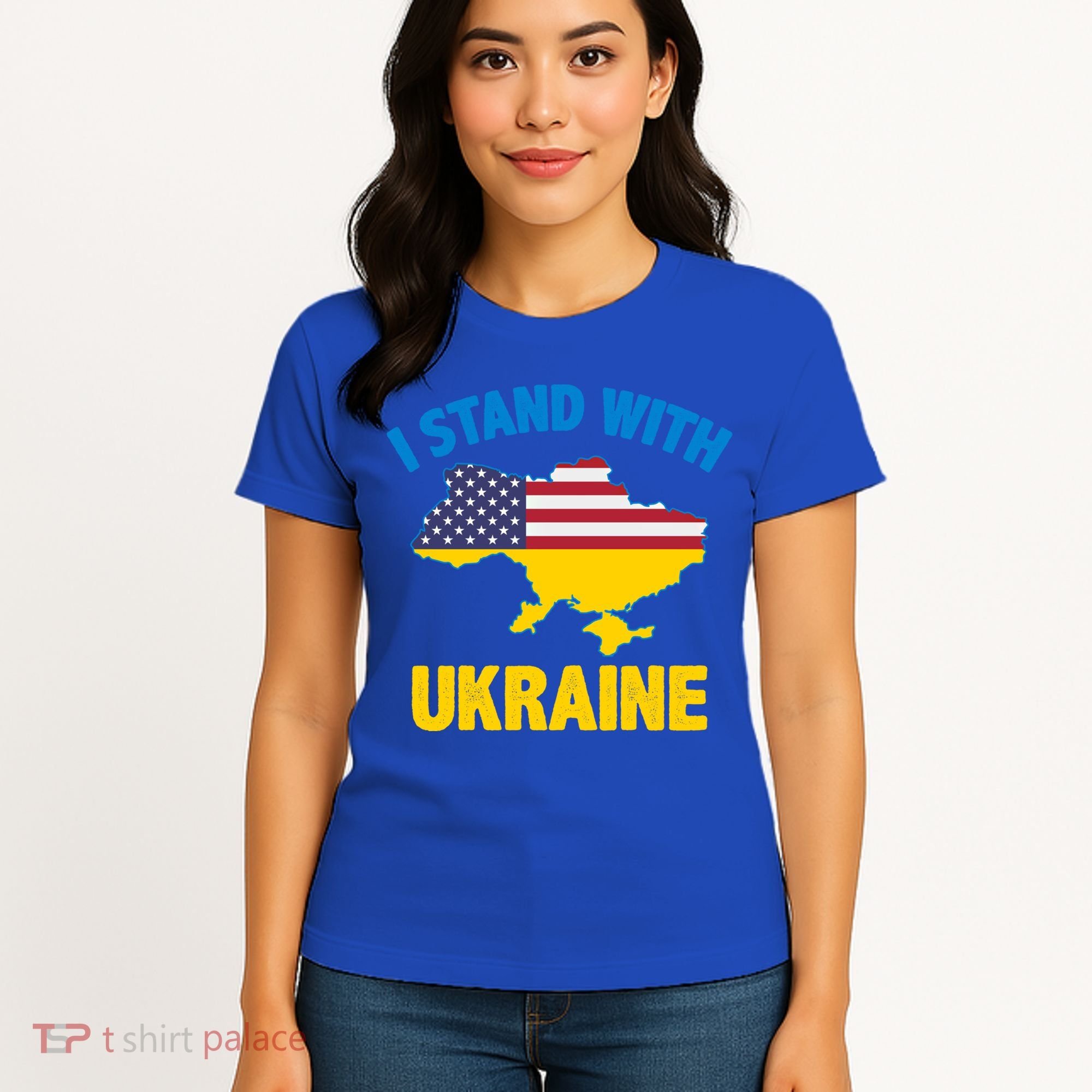 I Stand With Ukraine Map American Flag Us Support Ukrainian Gift Women's T-Shirt