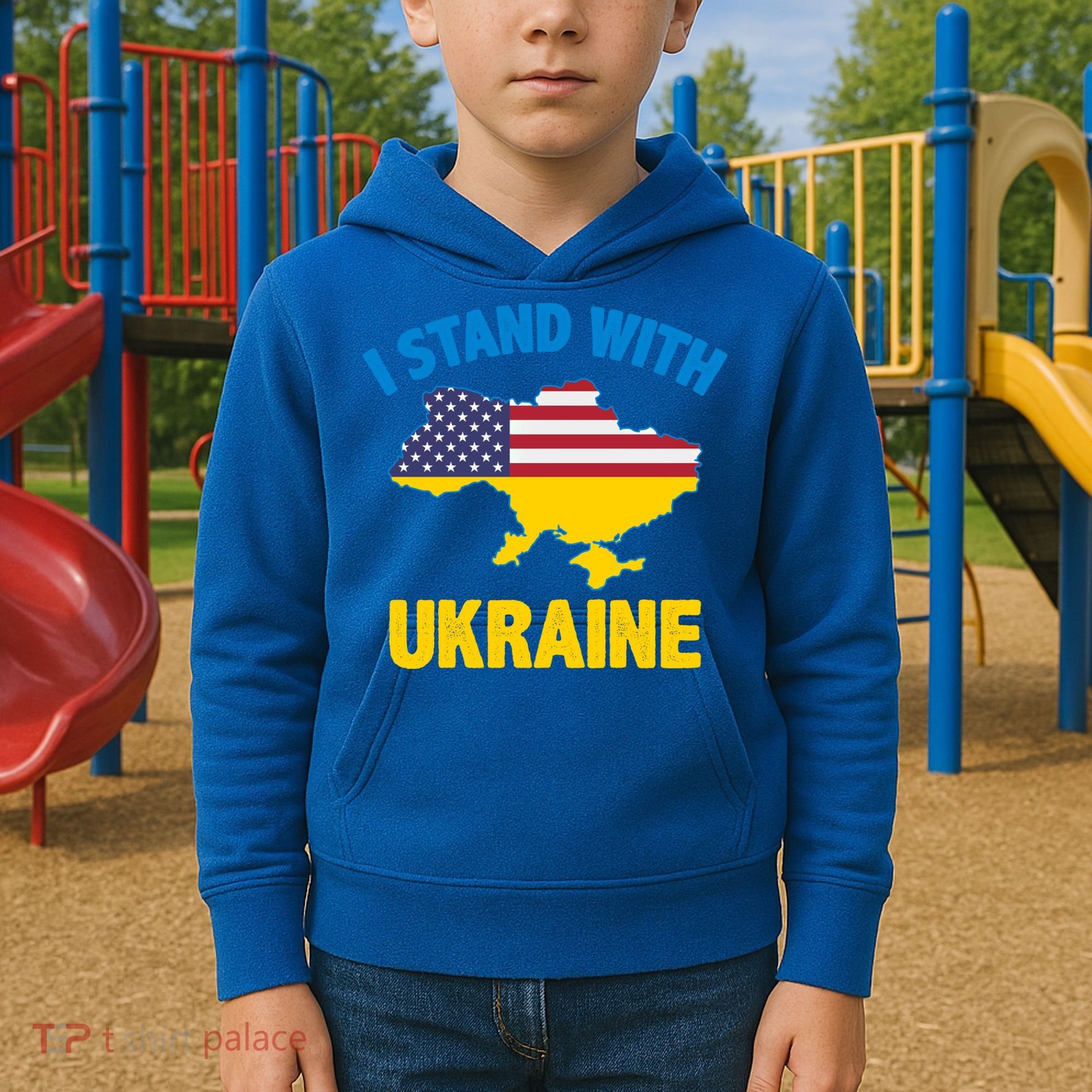 I Stand With Ukraine Map American Flag Us Support Ukrainian Gift Kids Hoodie