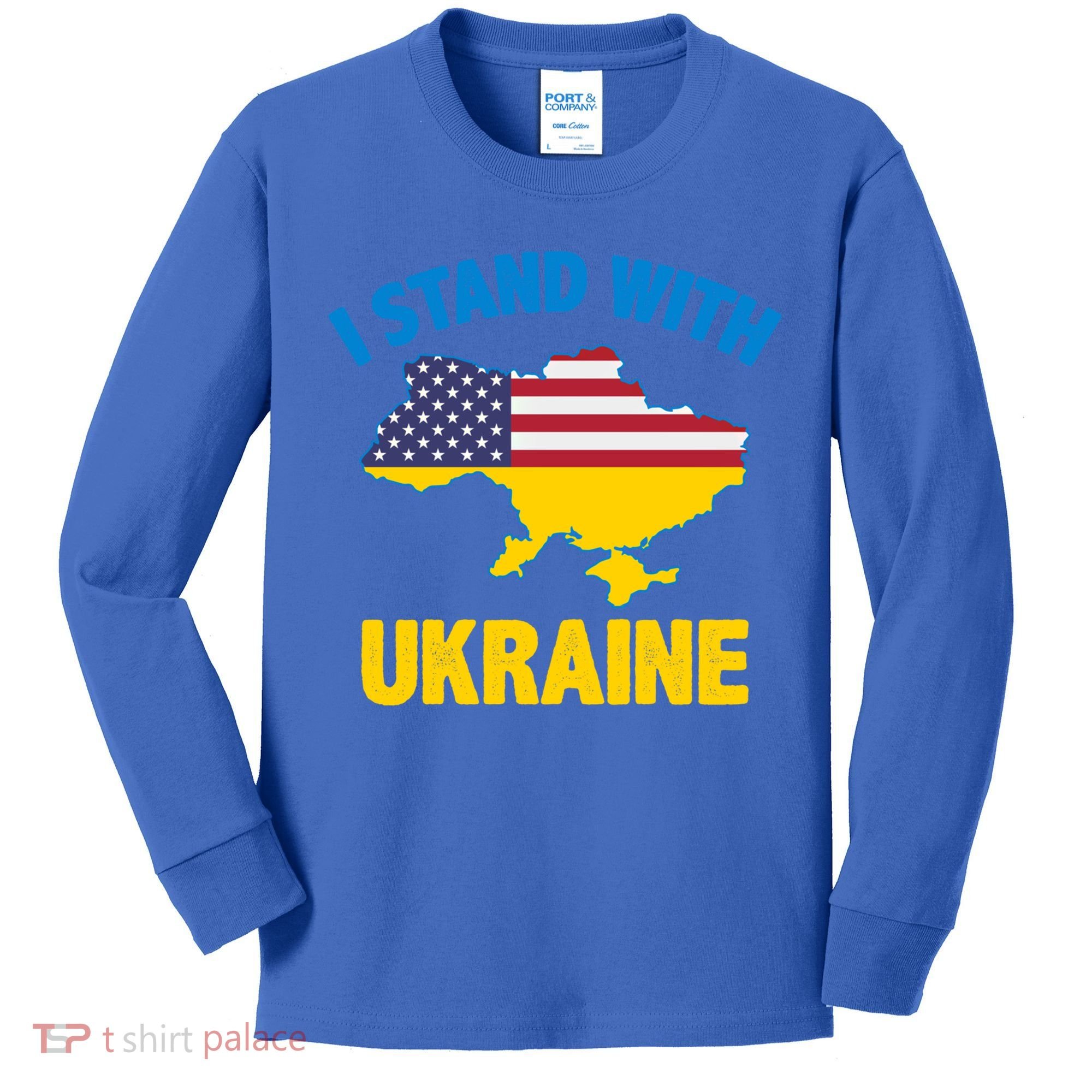 I Stand With Ukraine Map American Flag Us Support Ukrainian Gift Kids Long Sleeve Shirt