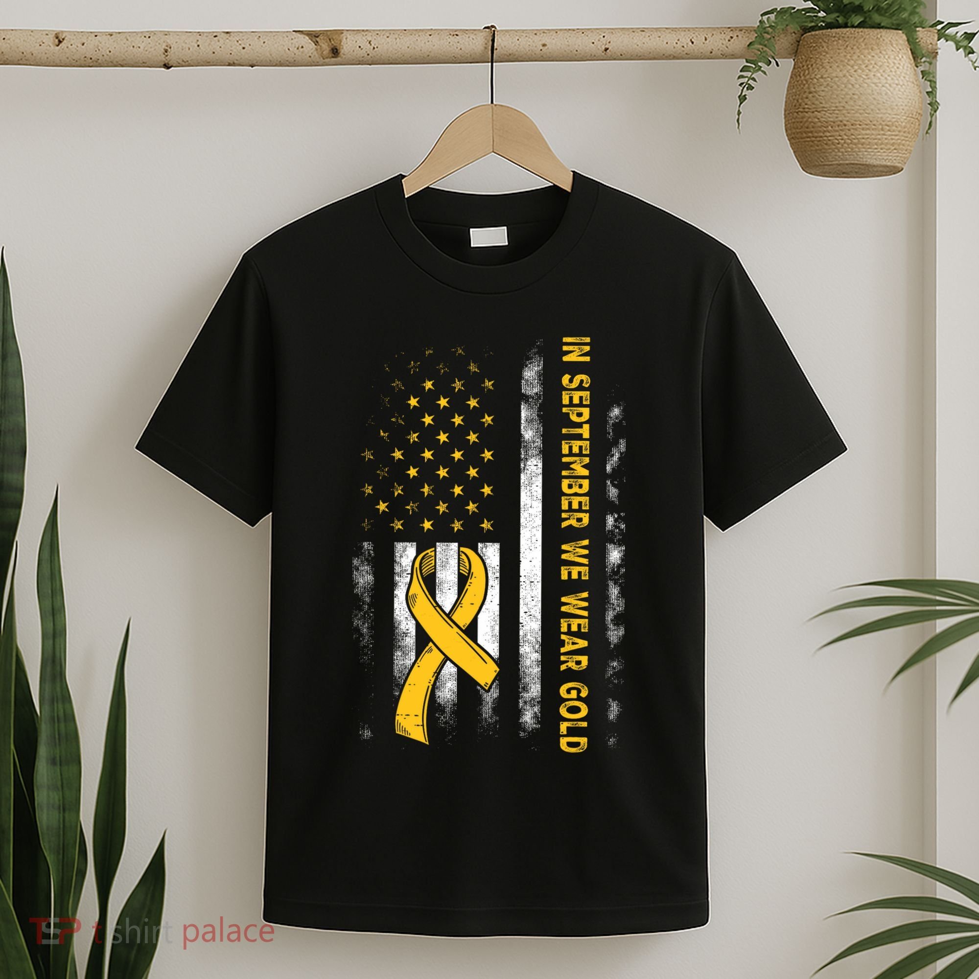 In September We Wear Gold Us Flag Childhood Cancer Awareness T-Shirt