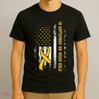 In September We Wear Gold Us Flag Childhood Cancer Awareness T-Shirt thumb 3
